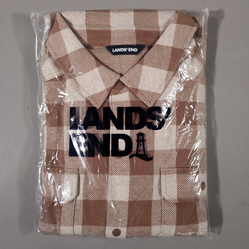 Lands' End Snap Down Shirt Mens XXL Brown Buffalo Check Brushed Jacquard 519175
